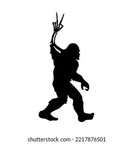Bigfoot with peace hand sign. Yeti silhouette with skeleton hand. Halloween party element for home decoration, laser cut, crafting, T shirt design. Vector illustration.