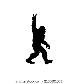 Bigfoot with peace sign hand. Yeti silhouette. T shirt design. Vector illustration.