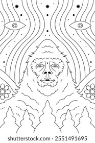 Bigfoot Psychedelic Coloring Page with Surreal Elements