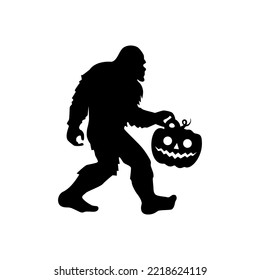 Bigfoot with pumpkin. Yeti silhouette. Halloween party element for home decoration, laser cut, crafting, T shirt design. Vector illustration