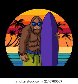 Bigfoot ready on surfing vector illustration for your company or brand