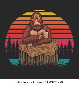 Bigfoot relax drink coffee retro vector illustration for your company or brand