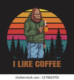 Bigfoot relaxing drink coffee retro vector illustration for your company or brand