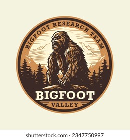 Bigfoot research team badge. Sasquatch club sticker. Yeti emblem. Mythical cryptid creature investigation logo design. Vector illustration. svg