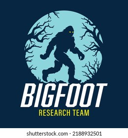 Bigfoot research team poster. Full moon sasquatch silhouette walking logo. Hairy wild man cryptid sign. Mythical forest creature in the dark woods graphic. Vector illustration. svg