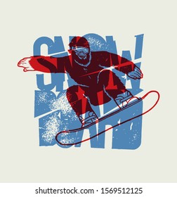 Bigfoot riding snowboard with vintage ice typography cut in pieces.