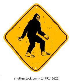 Bigfoot road sign - yellow diamond shape warning hand drawn sign with yeti - beware of sasquatch