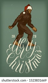 Bigfoot in Santa Claus hat illustration with a Merry Christmas elegant calligraphy - vector illustration