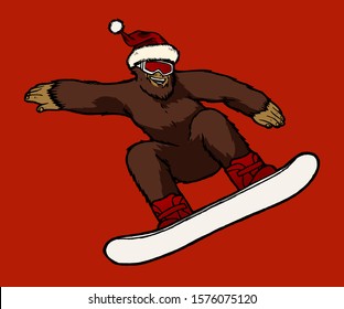 Bigfoot in Santa Claus hat riding snowboard. Yeti snowboarder.