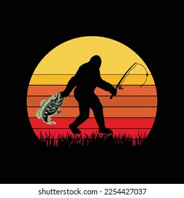 Bigfoot Sasquatch Fishing Sunset Retro Fisherman Anglers