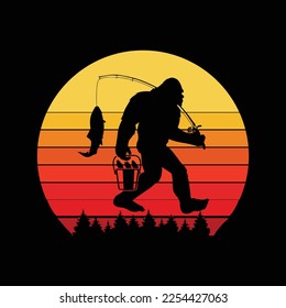 Bigfoot Sasquatch Fischen Sunset Retro Fisherman Angler