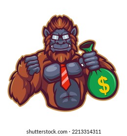 Bigfoot Sasquatch holding money bag mascot cartoon isolated on white background