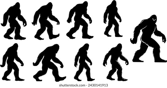 Bigfoot silhouette, cryptid, mystery, folklore, walking bigfoot pose, mythical, creature, legend, Sasquatch, Yeti, beast, monster, enigma, shadowy figure svg