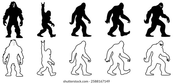 Bigfoot silhouette, mythical creature silhouette sequence. Ideal Bigfoot for cryptozoology, folklore enthusiasts. Mysterious walking beast, legend, Sasquatch, Yeti, enigma, shadowy figure