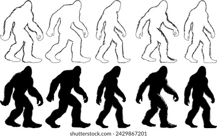 Bigfoot silhouette mythical creature, vector illustration. Black and white silhouettes, bigfoot walking pose. Perfect for cryptology, mystery, folklore content svg