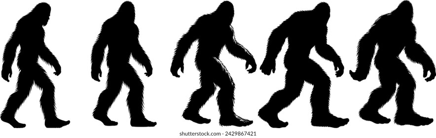 Bigfoot silhouette sequence, mythical creature in various walking positions. Perfect for cryptozoology, mystery themed content. Ape like figure, black against white background svg