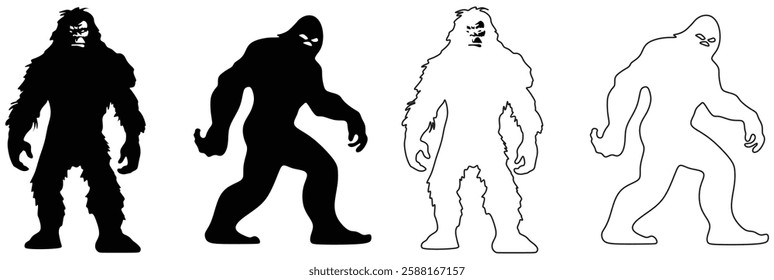 Bigfoot silhouette t shirt design. Mysterious walking beast, legend, Sasquatch, Yeti, enigma, shadowy figure Vector illustration