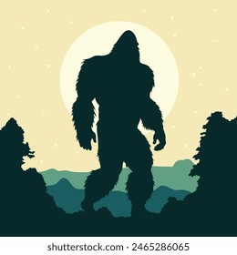 bigfoot silhouette. Vector illustration. hand drawn. black silhouette of bigfoot. Bigfoot illustration.