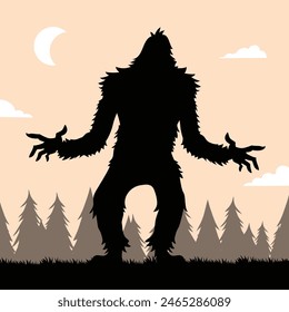 silueta de pie grande. Ilustración vectorial. dibujado a mano. silueta negra de pie grande. Ilustración de Bigfoot.