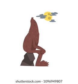 Bigfoot sitting on the stone, mythical creature cartoon character vector Illustration on a white background