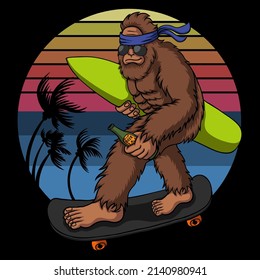 Bigfoot is skateboarding to the beach vector illustration for your company or brand