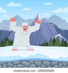 Bigfoot snow background with mountain and bigfoot angry character in action pose