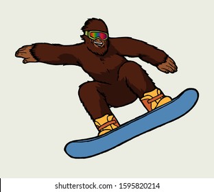 Bigfoot snowboarder. Snowman character riding snowboard vector illustration.