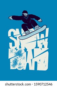 Bigfoot snowboarding. Yeti riding snowboard. Winter sports snowman.