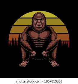 Bigfoot squat sunset retro vector illustration for your company or brand