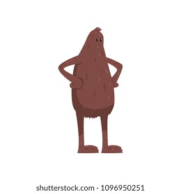 Bigfoot standing with hands on its waist, mythical creature cartoon character vector Illustration on a white background