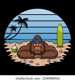 Bigfoot está tomando el sol en la ilustración del vector de la playa para tu empresa o marca