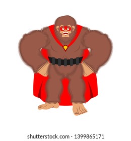 Bigfoot superhero. Super Yeti in mask and raincoat. Strong sasquatch