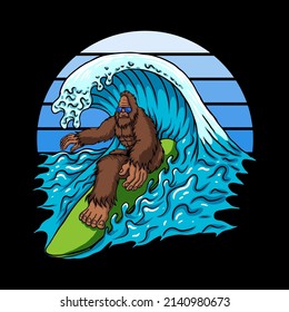 Bigfoot surfing the waves vector illustration for your company or brand