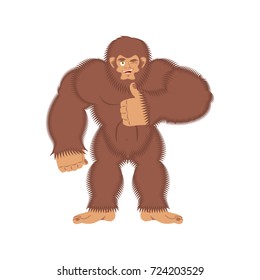 Bigfoot thumbs up. Yeti winks emoji. Abominable snowman cheerful. Vector illustration
