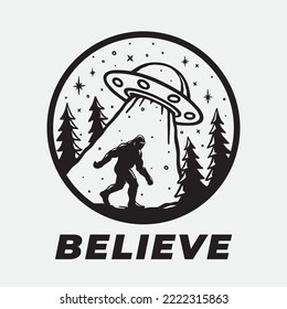 Bigfoot and UFO sticker design. Sasquatch alien abduction art. Flying saucer cryptid believe t-shirt design. Vector illustration. svg