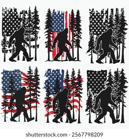 Bigfoot vector , Distressed American Flag , Forest Tree , Nature , Patriotic