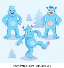 Bigfoot, Bigfoot vector drawing. Three characters on white background in cartoon style. Fun monsters. fantastic animals