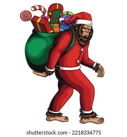 Bigfoot walking costume santa carry gift bag vector illustration for your company or brand