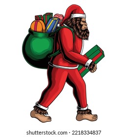 Bigfoot walking costume santa carry box gift bag vector illustration for your company or brand