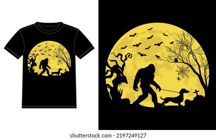 Bigfoot Walking Dachshund Funny Halloween T-Shirt