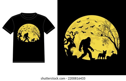 Bigfoot Walking French Bulldog Funny Halloween T-Shirt