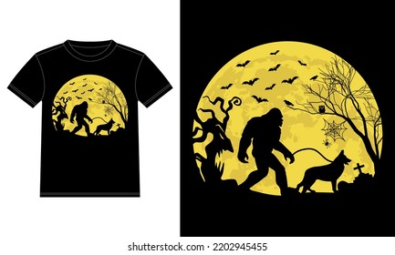 Bigfoot Walking German Shepherd Funny Halloween T-Shirt