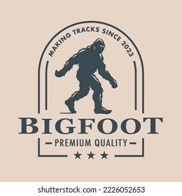 Bigfoot walking logo design. Sasquatch silhouette icon. Hairy wild man symbol. Cryptid company emblem. Mythical skunk-ape outdoor brand design element. Vector illustration. svg