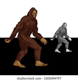 bigfoot walking - mystical creature sasquatch colored and grayscale good looking on dark and light background