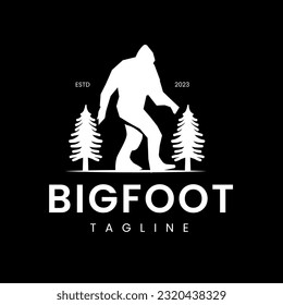 Bigfoot walking silhouette vector design tree symbol retro vintage vector illustration. Black background