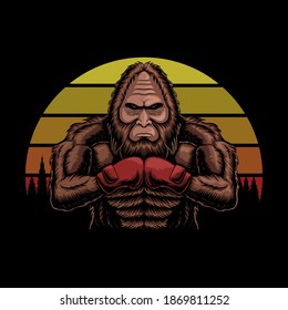 Bigfoot wearing boxing gloves sunset retro vector illustration for your company or brand