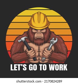 Bigfoot wearing a helmet worker retro vector illustration for your company or brand