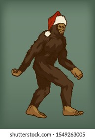 Bigfoot wearing Santa Claus hat walking isolated vector illustration