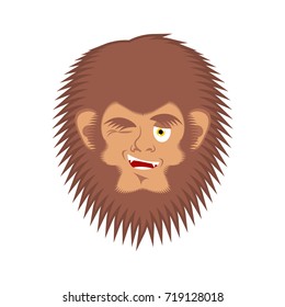 Bigfoot winks emoji. Yeti joyful emotion face. Abominable snowman cheerful avatar. Vector illustration
