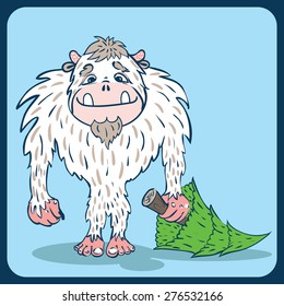 Bigfoot, the yeti with a tree in hand, on a blue background